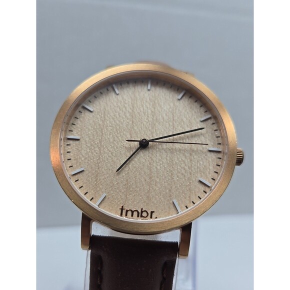 Tmbr The Helm Wood Dial Watch Rose Gold Tone 40mm Brown Leather New Battery - Picture 4 of 12